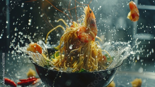 Super Slow Motion of Flying Asian Noodles with Vegetable and Prawns. Filmed on High Speed Cinema Camera, 1000 fps. Speed Ramp Effect.