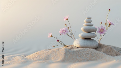 A Balanced stones on a bed of sand