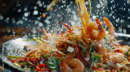 Super slow motion of flying asian wok noodles with prawns and vegetable. Filmed on high speed cinema camera, 1000 fps. Speed ramp effect.