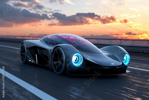 A futuristic concept car with sleek lines and glowing LED lights, driving on an open highway at sunset The design incorporates highly detailed focus stacking with eyecatching details and holographic m photo