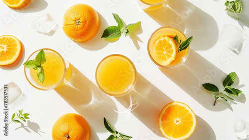 Orange juice in glasses on a minimal background