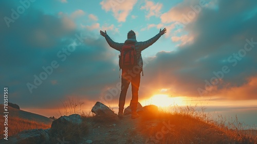 Man on the mountain, giving thanks to God