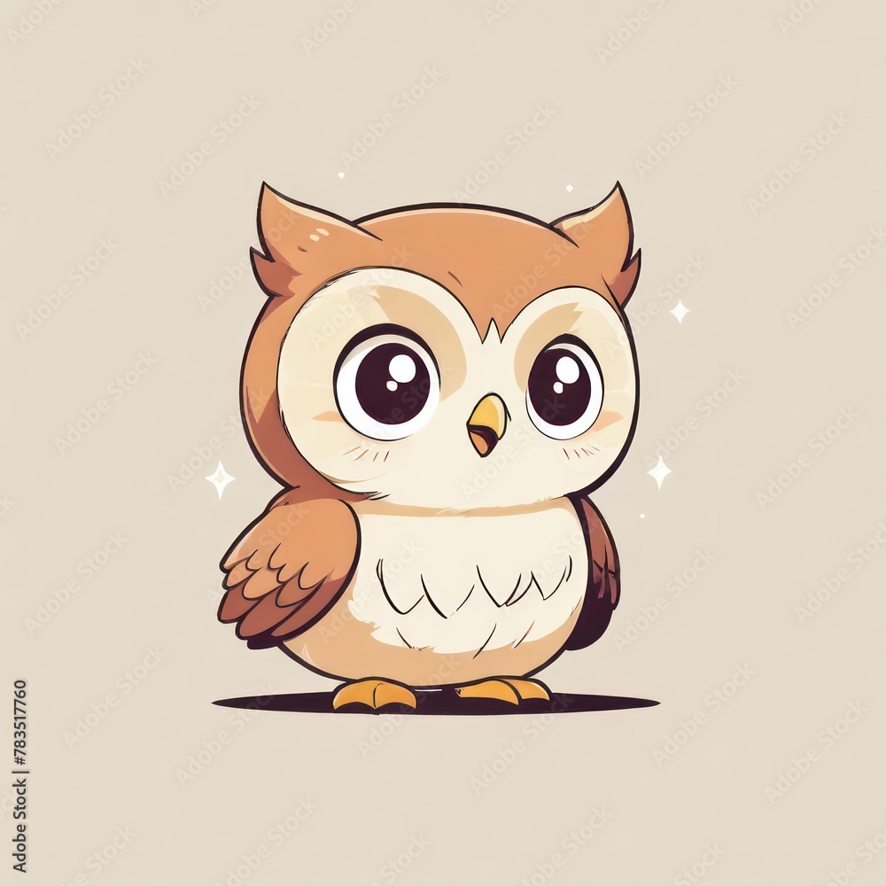 Brown Owl Perched on Tree Branch in Night - Cartoon Vector Illustration