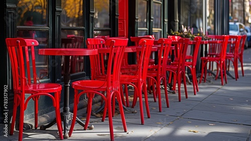 There is a row of red tables and chairs set up outside.