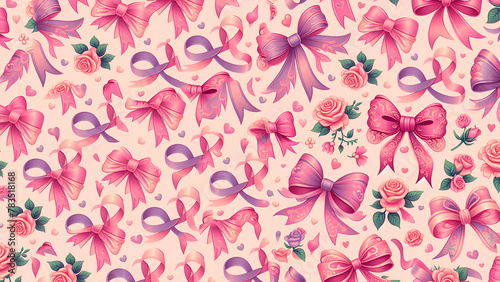 Cute pink bow vector seamless pattern in the style of doodles hand drawn, generative ai  © Muazma