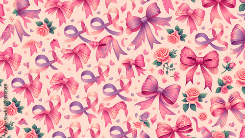 Cute pink bow vector seamless pattern in the style of doodles hand drawn, generative ai
