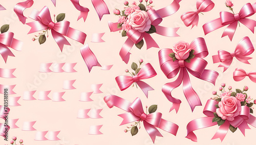 Cute pink bow vector seamless pattern in the style of doodles hand drawn, generative ai  © Muazma