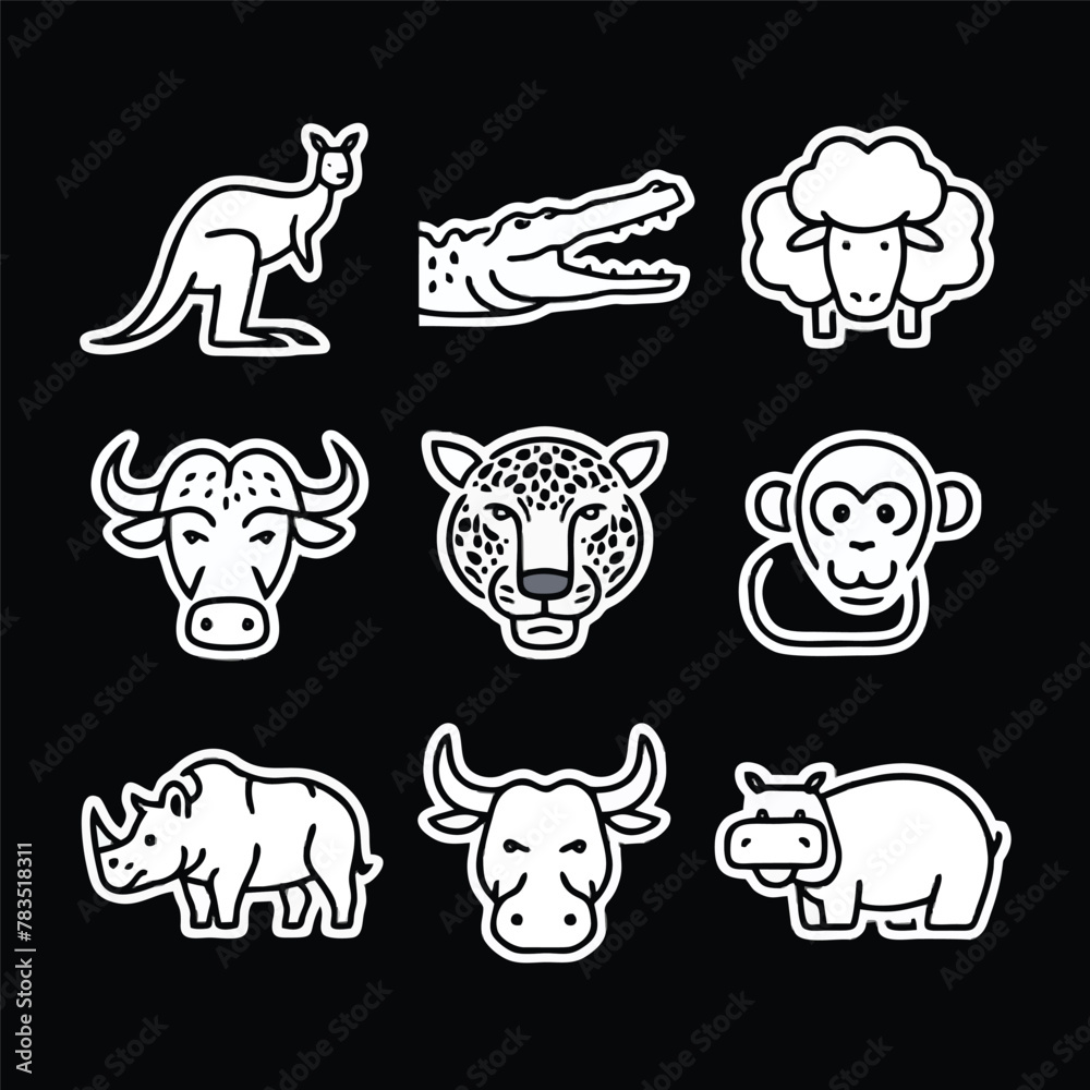 A set of nine icon illustration of a unique animal concept. kangaroo, crocodile, sheep, buffalo, jaguar, monkey, rhino, bull, hippo. Set collection of animals Icons. Simple line art style icons pack