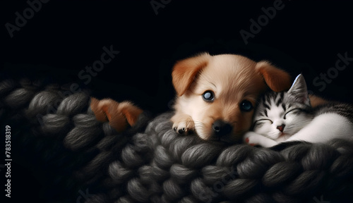 A kitten and a baby golden retriever sleep together with black background  generative ai