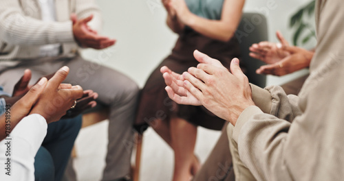 Therapy, applause and group of hands in circle for support, breakthrough and achievement for mental health. Psychology, wellness and men and women clapping for empathy, help or celebration in session