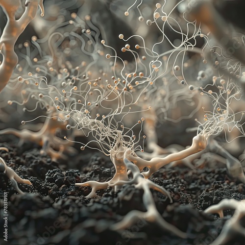 An animated 3D visualization of a fungal mycelium network spreading through soil.