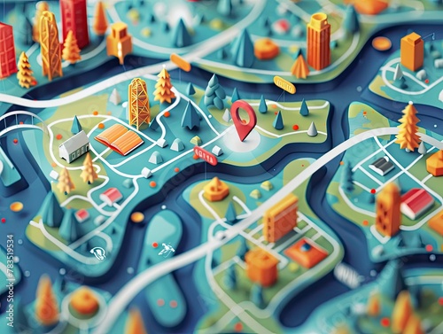 Stylized map design with custom icons and paths