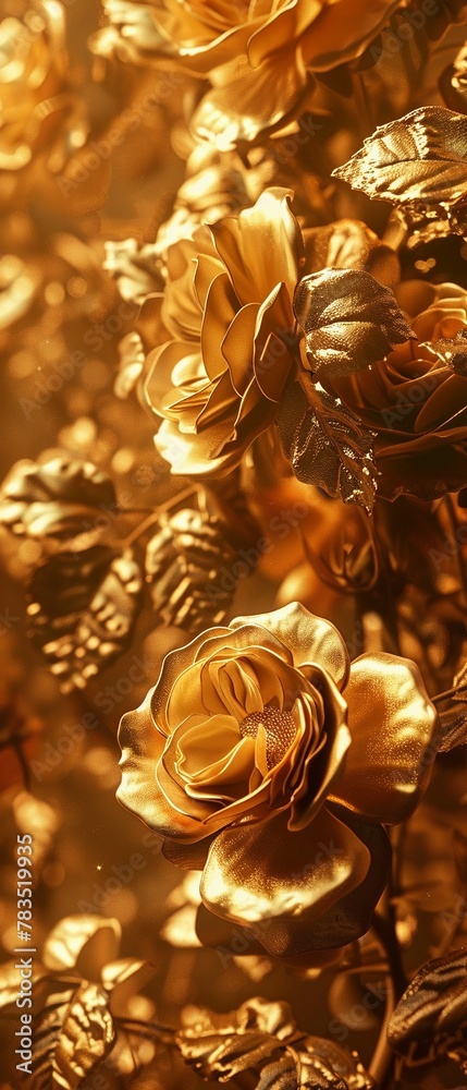 Golden roses in full bloom, sunlight, closeup, golden hour glow, 