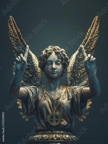 A medallist angel, in a variation zen pose, holding up two fingers for peace on a dark background, embodying triumph and serenity,  photo