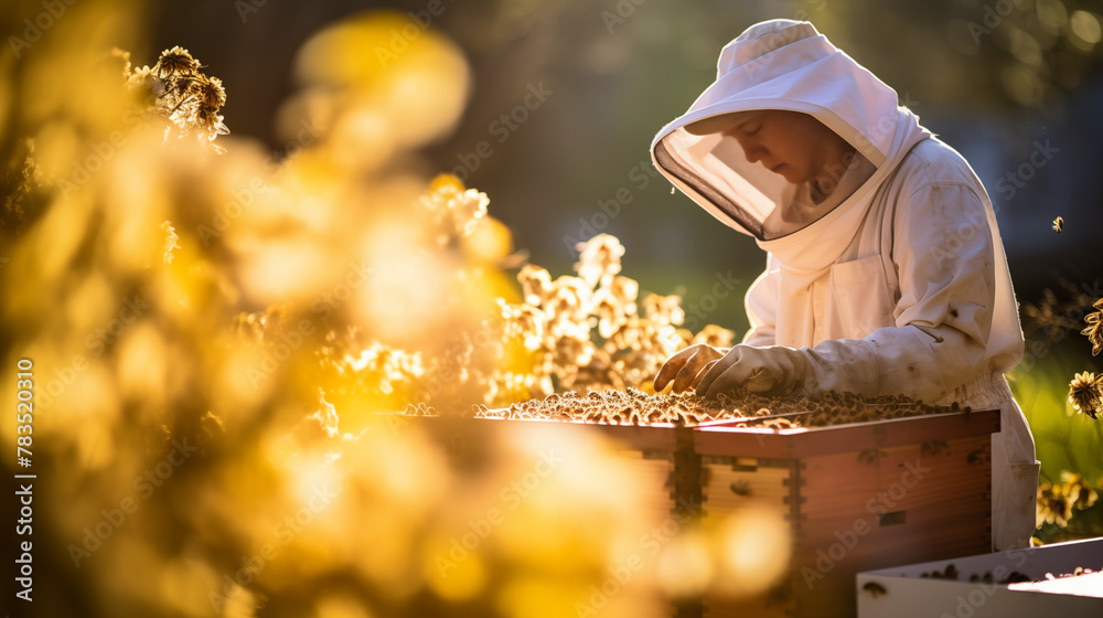 Obraz premium A beekeeper inspecting honeycombs in a hive surrounded by blooming flowers, copy space , photo shot, day light