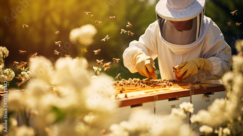 A beekeeper inspecting honeycombs in a hive surrounded by blooming flowers, copy space , photo shot, day light