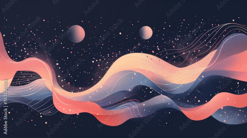 A striking piece combining space and memories in pink and navy hues, creating an abstract and profound visual experience