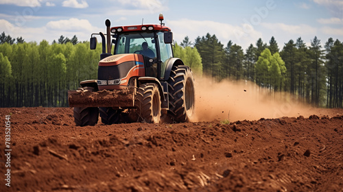 A tractor plowing a field of rich brown soil in preparation for planting, copy space