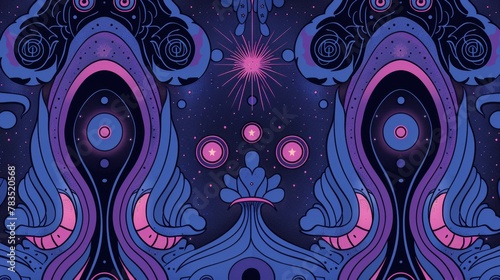 A cosmic abstract design featuring horoscope symbols, deep periwinkle, lilac, and negative space, evoking extraterrestrial essence and lagoon mystery.