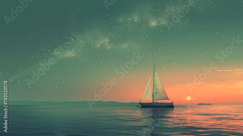 A serene sailboat gliding through the night, surrounded by shimmering comets and enchanted by the melody of a nightingale. Soft hues of pale green and bubblegum pink