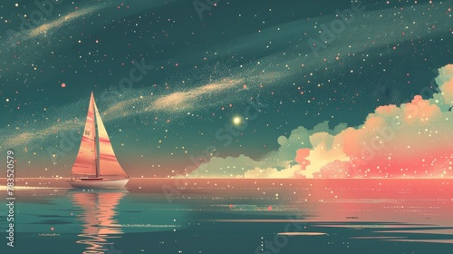 A serene sailboat glides through a night sky filled with comets, while a nightingale's song echoes. Pale green and bubblegum pink hues create a minimal, dreamy aesthetic.