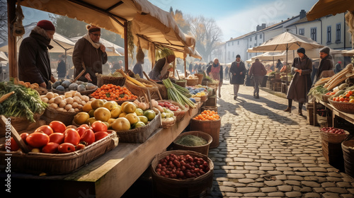 A vegetable market with farmers and shoppers, copy space, photo shot