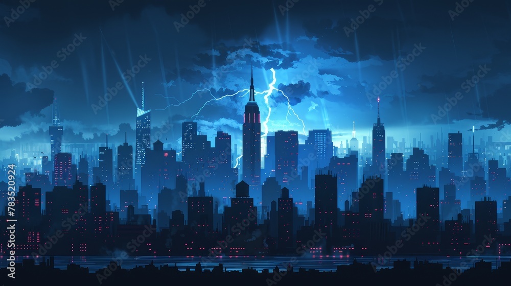 City Skyline: A 3D vector illustration of a city skyline during a thunderstorm