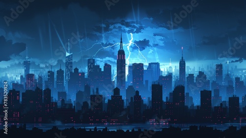 City Skyline  A 3D vector illustration of a city skyline during a thunderstorm