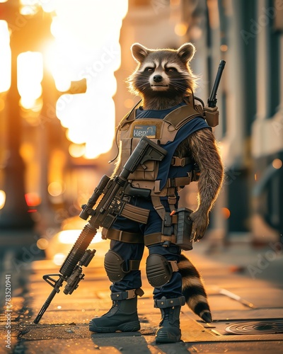 A hyperrealistic photo of the superhero Raccoon, dressed in tactical gear and carrying an assault rifle, ready for action He stands on the streets with his iconic mask visible behind him The scene cap