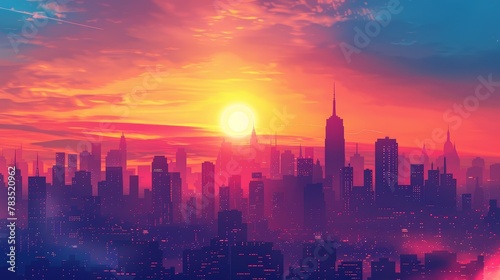 City Skyline Network  A 3D vector illustration of a city skyline during a vibrant sunrise