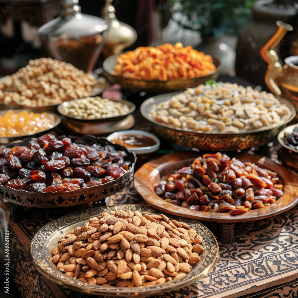 illustration Many traditional Arabic dishes are served during Ramadan with dates and almonds