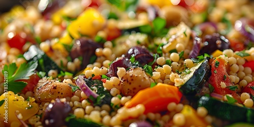 Couscous with roasted vegetables, close focus, colorful medley, soft kitchen glow, high detail