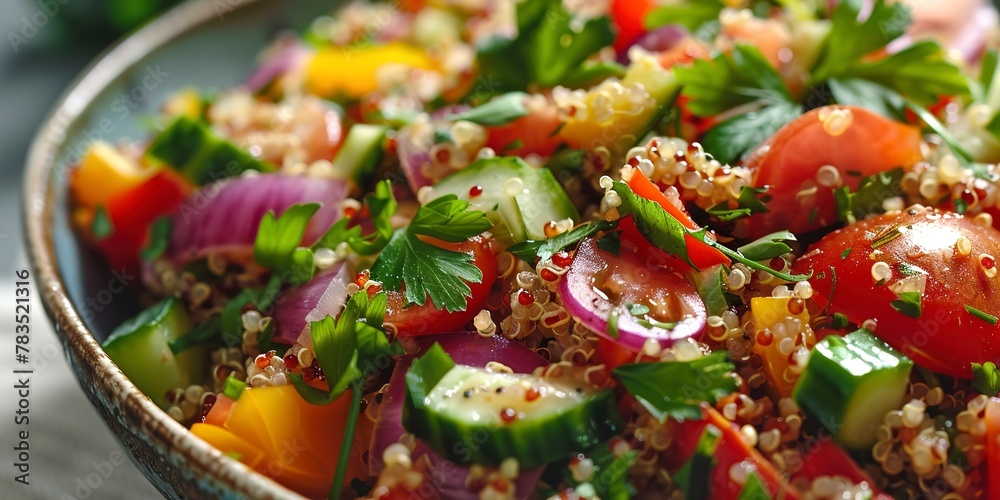 Vegan Buddha bowl, quinoa base, close-up, colorful veggies, bright kitchen light, sharp focus Vegan Buddha bowl, quinoa base, close-up, colorful veggies, bright kitchen light, sharp focus
