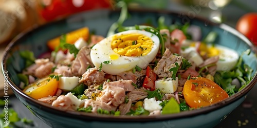 Tuna NiÃ§oise salad, hard-boiled eggs, close shot, fresh ingredients, daylight, clear detail  photo