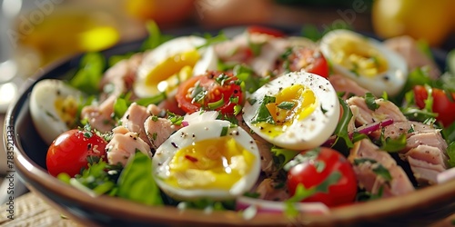 Tuna NiÃ§oise salad, hard-boiled eggs, close shot, fresh ingredients, daylight, clear detail photo