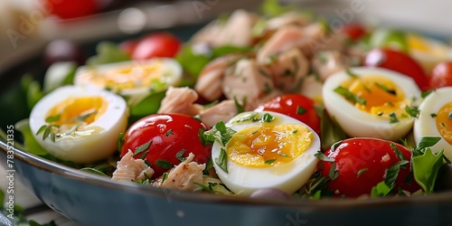 Tuna NiÃ§oise salad, hard-boiled eggs, close shot, fresh ingredients, daylight, clear detail  photo