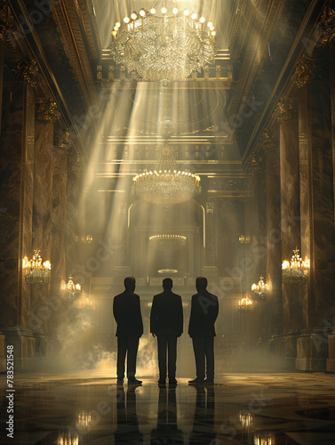 Diplomats, formal suits, negotiating peace treaty in grand hall under a chandelier