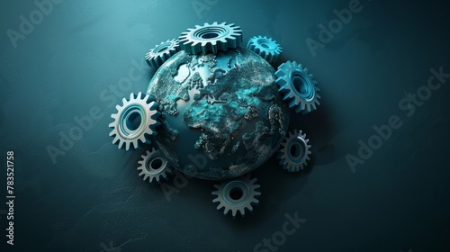 Global Economy: A 3D vector illustration of a globe with interconnected gears