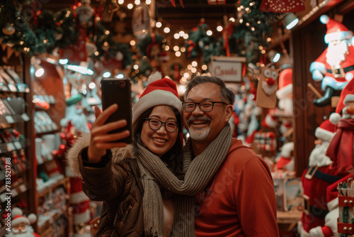 A young couple took a selfie in the Christmas store, surrounded by decorations and gifts. 