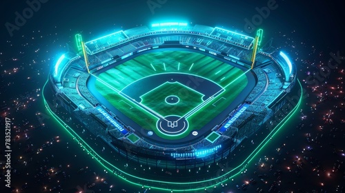 Glowing Neon Baseball: A 3D vector illustration of a baseball stadium glowing in neon green and blue photo
