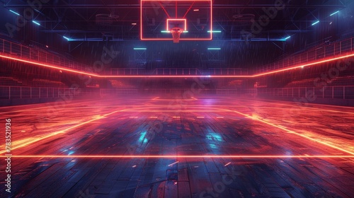 Glowing Neon Basketball: A 3D vector illustration of a basketball court with glowing