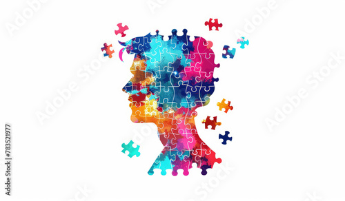 A profile of the human head made up of colorful puzzle pieces  representing different mental health interconnected in an intricate pattern