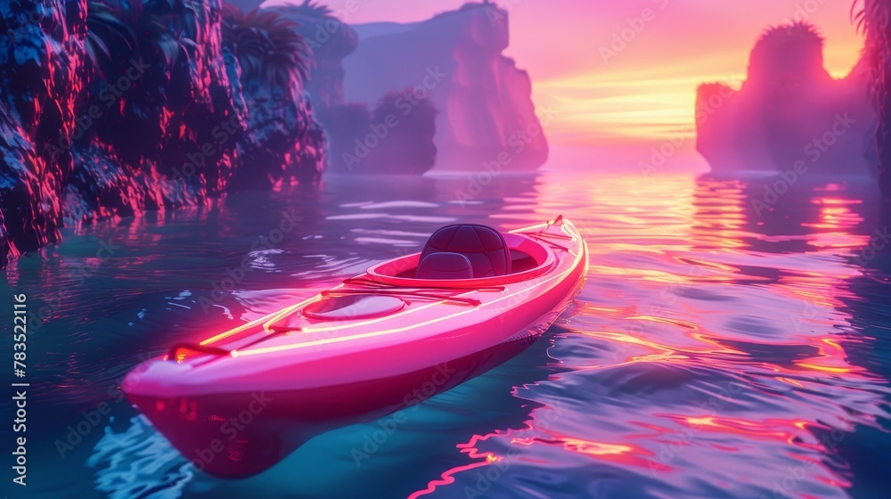 Glowing Neon Kayaking: A 3D vector illustration of a kayak floating on a glowing neon river - obrazy, fototapety, plakaty 
