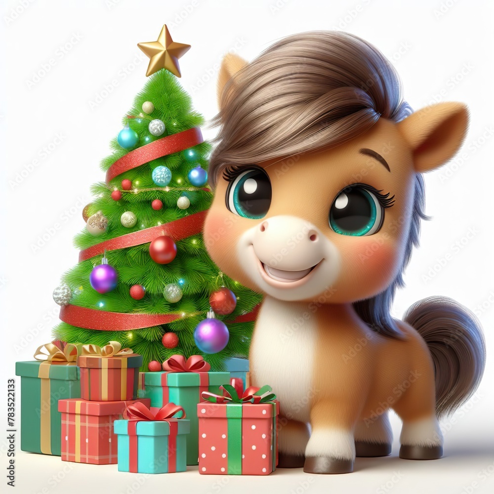 a cute colt with Christmas tree and gifts , funny, happy, smile, white background