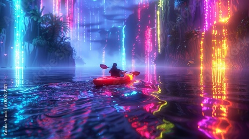 Glowing Neon Kayaking: A 3D vector illustration of a kayaker navigating through a glowing neon river