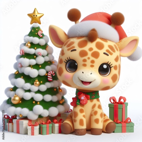 a cute giraffe with Christmas tree and gifts , funny, happy, smile, white background
