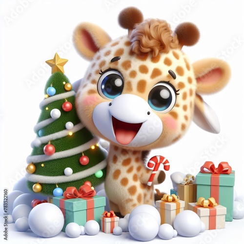 a cute giraffe with Christmas tree and gifts   funny  happy  smile  white background