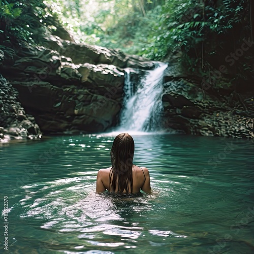 a girl swims at a waterfall in sunny weather