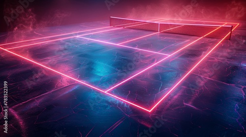 Glowing neon tennis field: A 3D vector illustration of a tennis court with neon lights