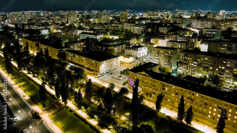 Saratov, Russia. Embankment of Cosmonauts. Panorama of the night city, Aerial View